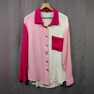 Mottoshop Patchwork Gauzy Button Shirt Women's M Pink White Barbiecore Office